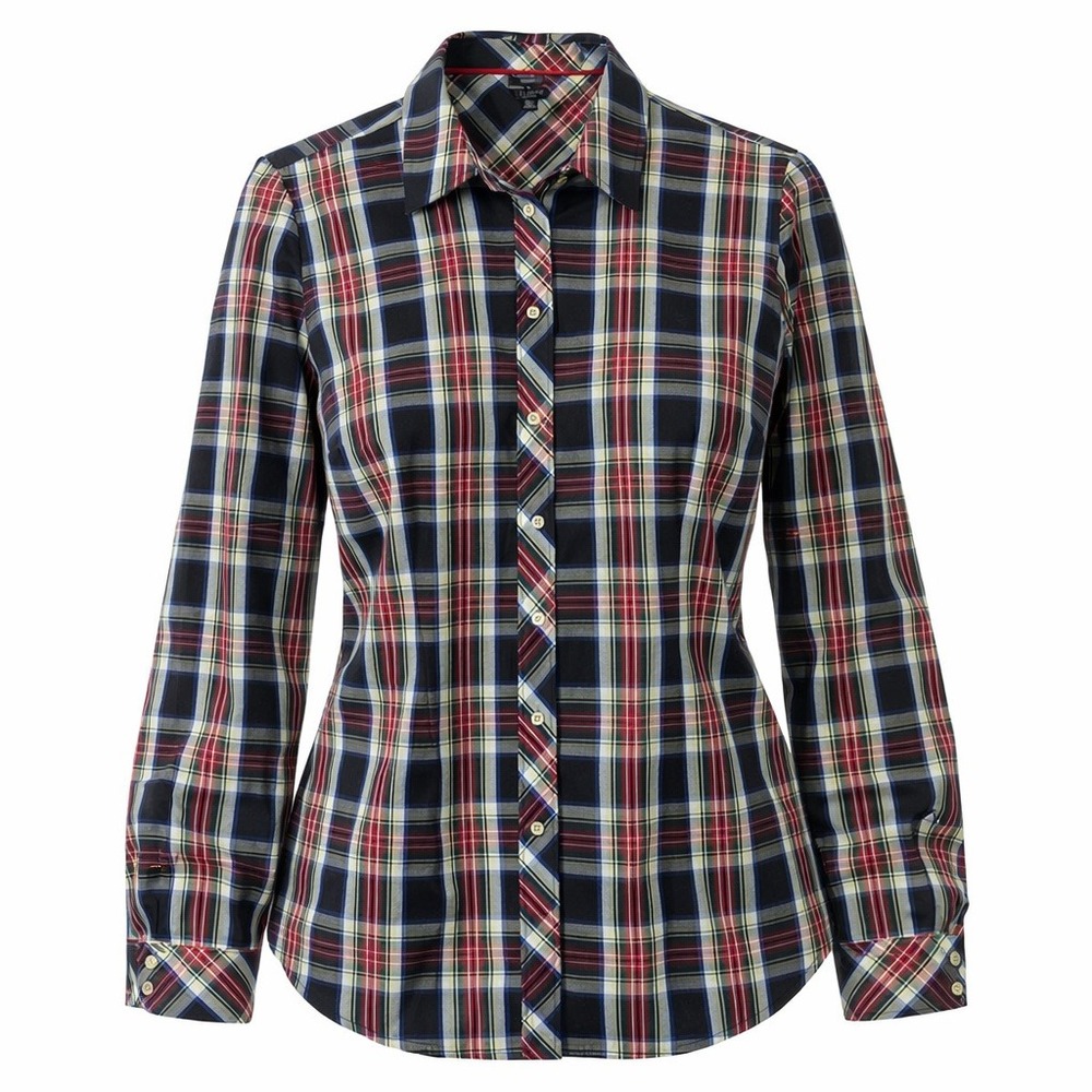 Talbots Non iron Womens Plus 20P Navy Red Plaid Button Up Shirt Gold Buttons